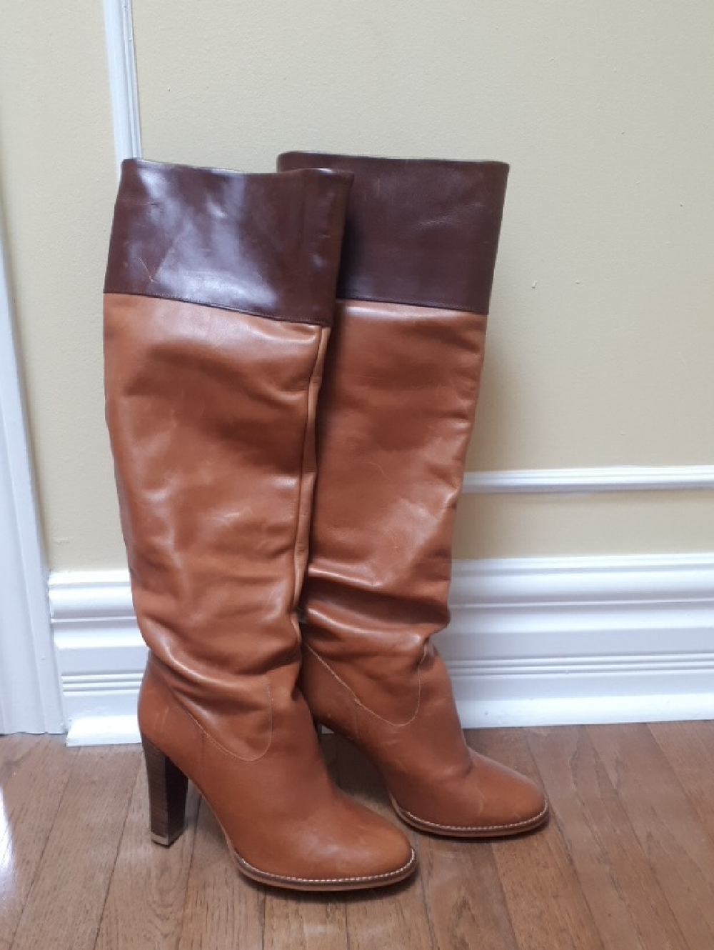 Zara Two-Tone Brown Tall Leather Heeled Boots